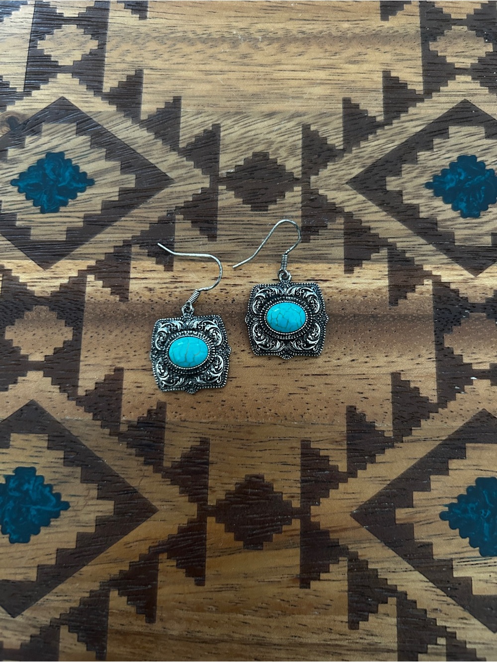 Silver-Tone Square Drop Earrings with Turquoise Stone - Women Jewelry